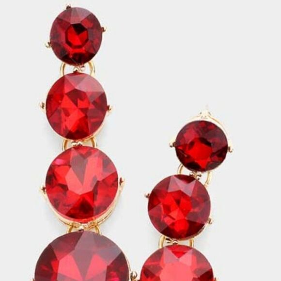 Round Red Crystal Evening Earrings - Picture 2 of 5